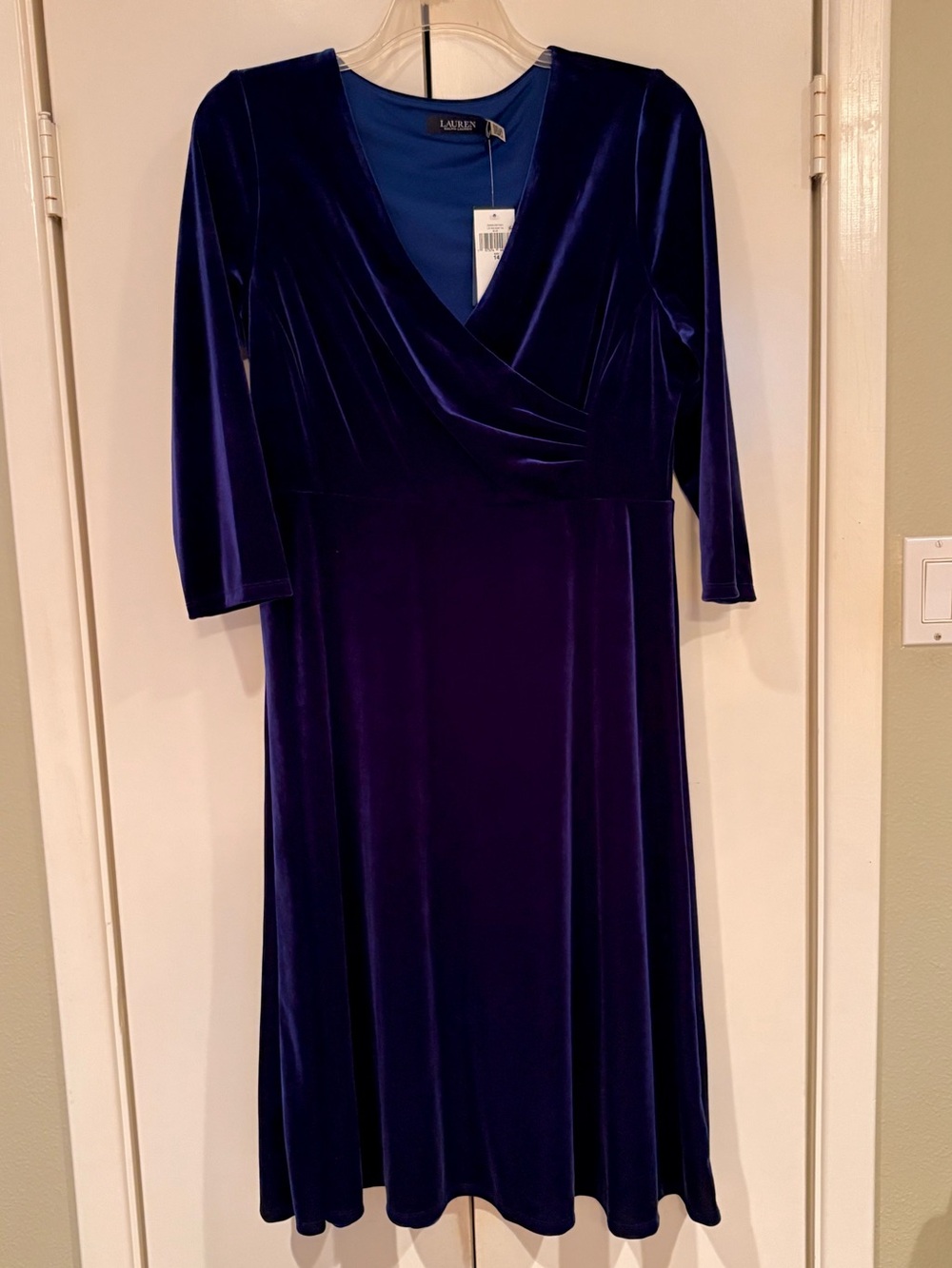 Ralph Lauren Deep Blue Velvet Wrap-Style Midi Dress